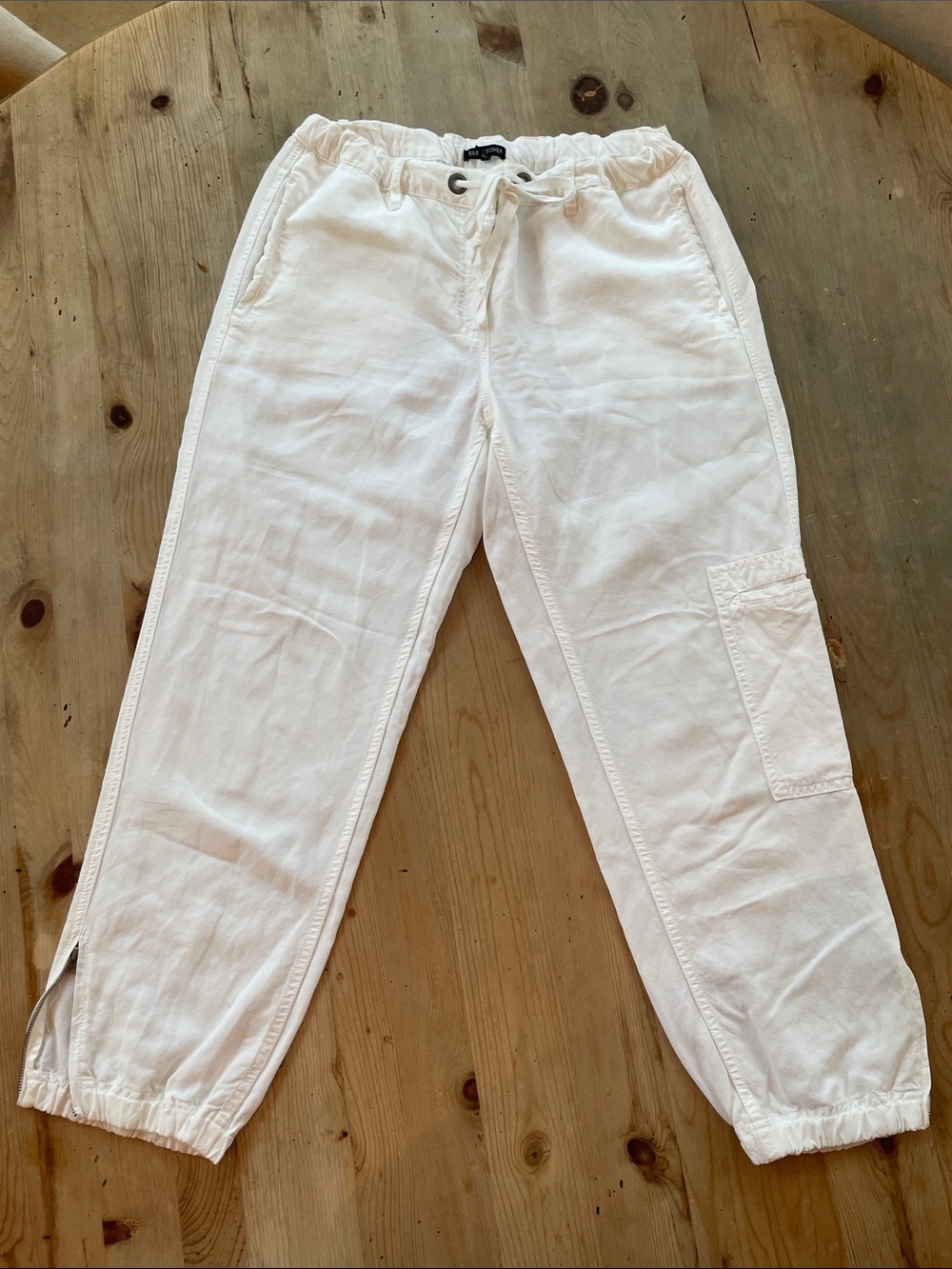 Eileen Fisher White Zip-Hem Cargo Jogger Pants Drawstring Luxury-Sm Linen Blend